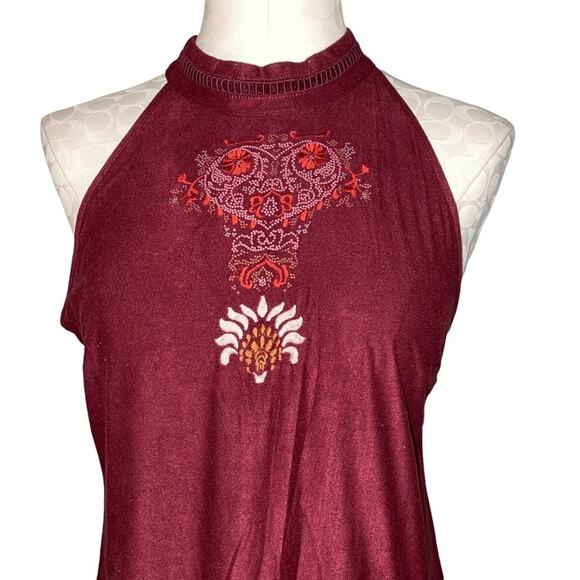 Alya Boho Embroidered Halter Faux Suede Mini Dress Size Medium Burgundy - Picture 5 of 8